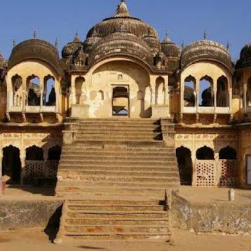 Grand and massive red sandstone merchant mansions in the desert city of Churu