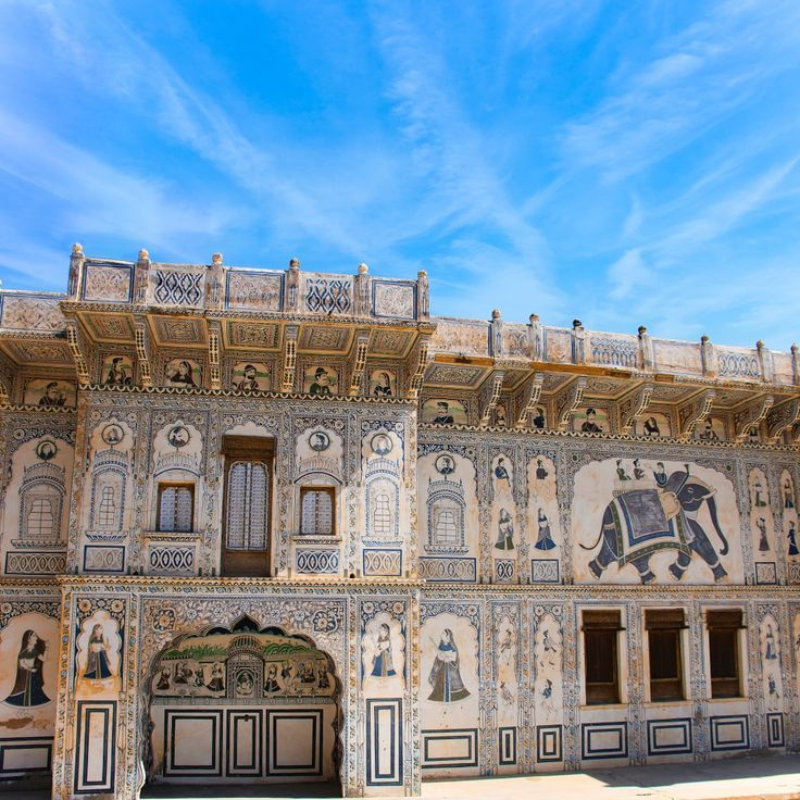 Intricate murals and the facade of Nadine Prince Haveli in Fatehpur Rajasthan