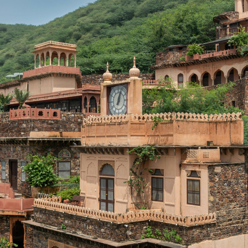 The 15th-century Neemrana Fort Palace perched on a cliffside